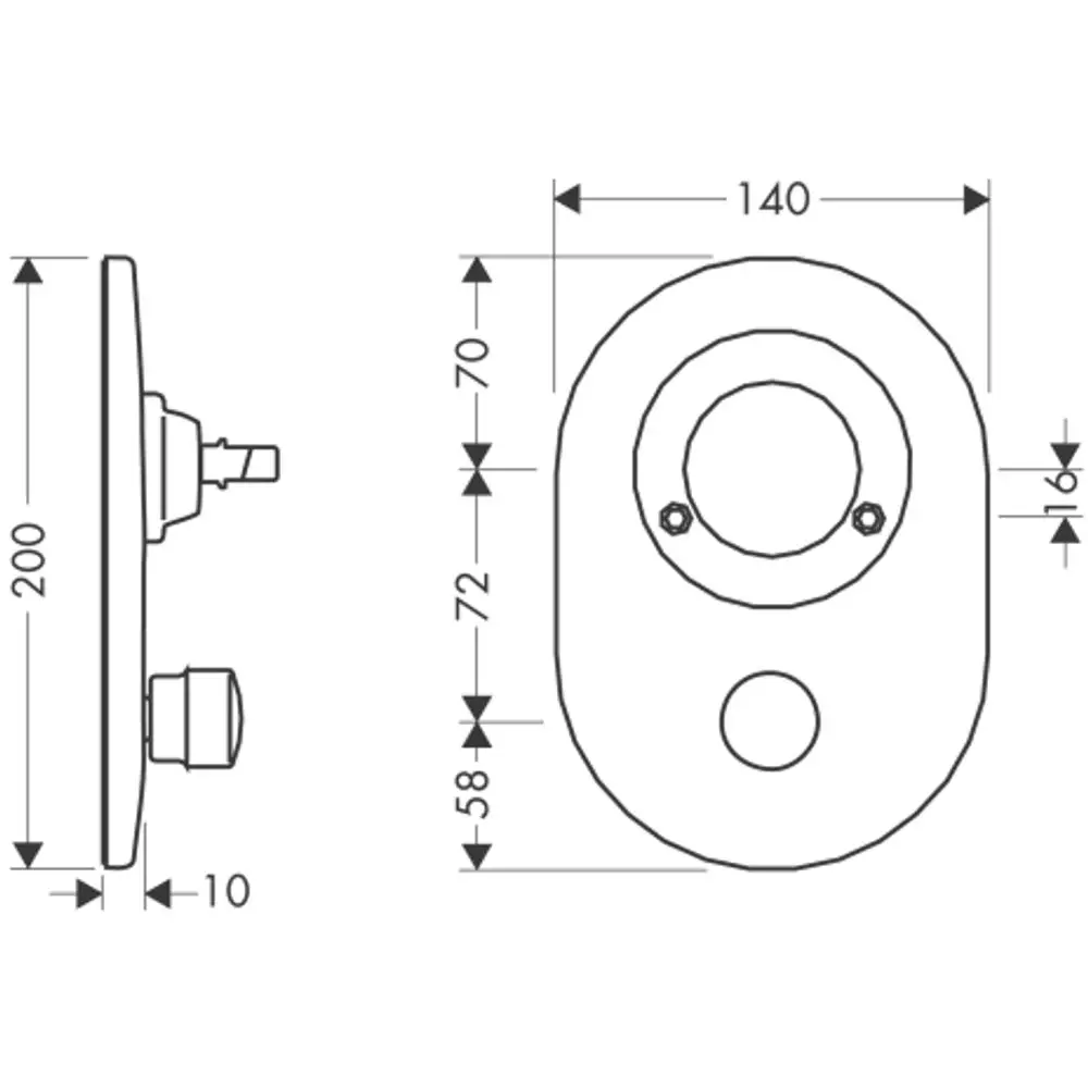 Hansgrohe Umrüstset für Unterputzmischer mit ovaler Form und mehreren Bohrlöchern auf einer flachen Platte, dargestellt in technischem Zeichnungsformat.